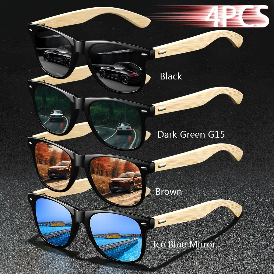 4 Stück Modische Quadratische Unisex Bambus-Holz Vintage Sonnenbrillen für Männer und Frauen zum Fahren und Angeln Markendesigner Sonnenbrillen – Detail 5