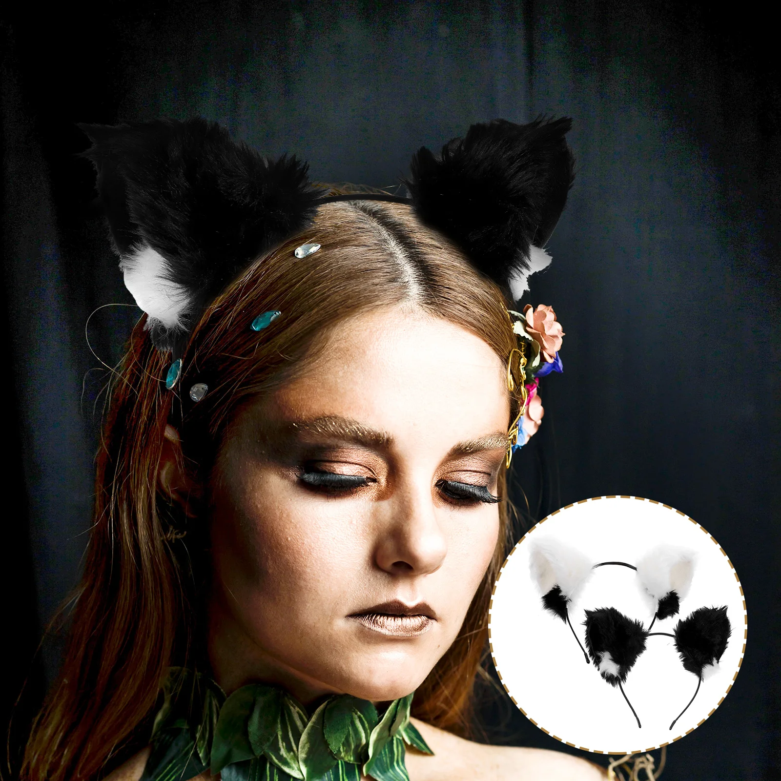 

2 Pcs Cat Ears Headband Black White Stitching Halloween Christmas Party Accessories Women Cosplay Costume Ear Headbands