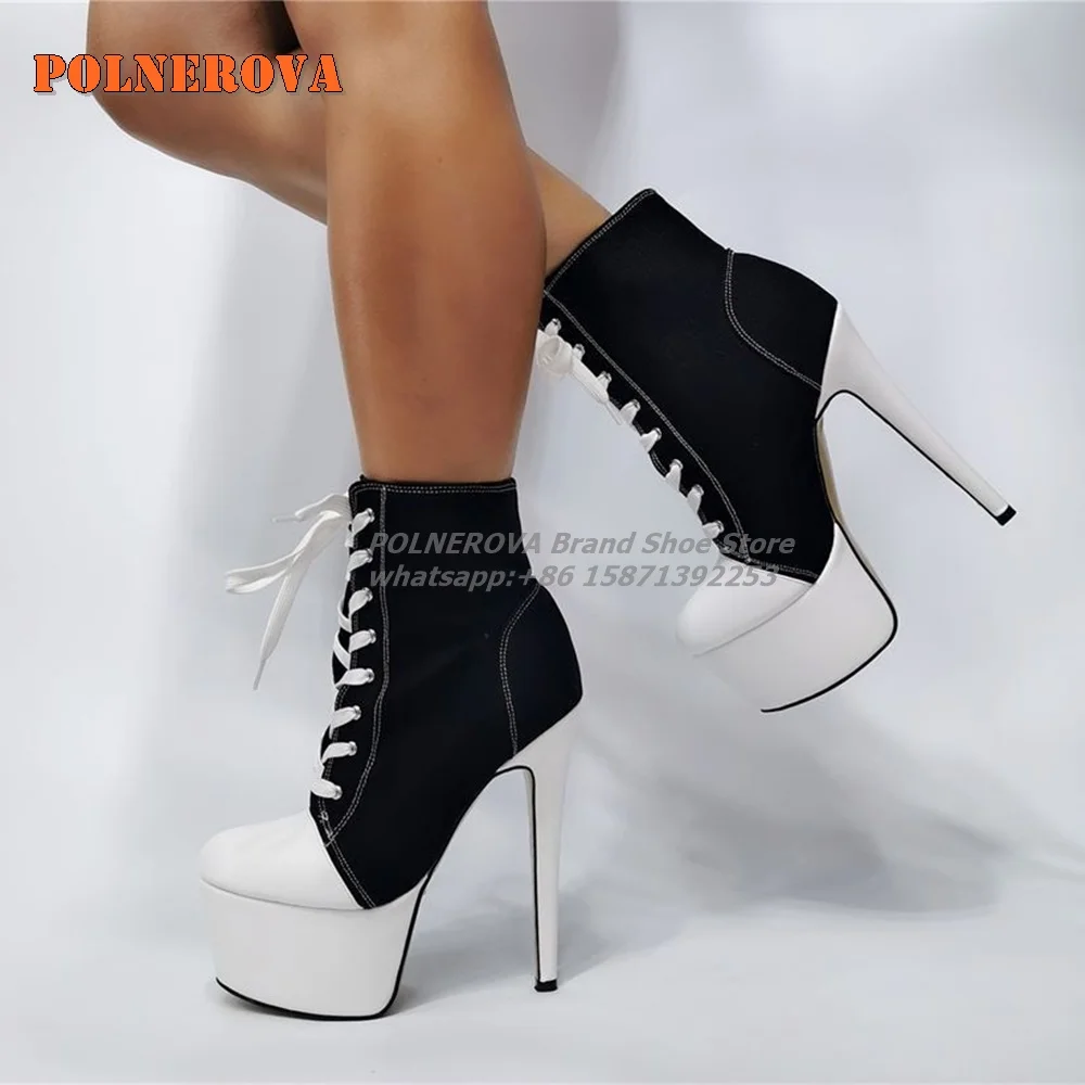 

Canvas Cross Tied Platform Ankle Boots Round Toe Stiletto Sewing Mixed Colors Women Big Size Sneakers Casual Spicy Girl Autumn