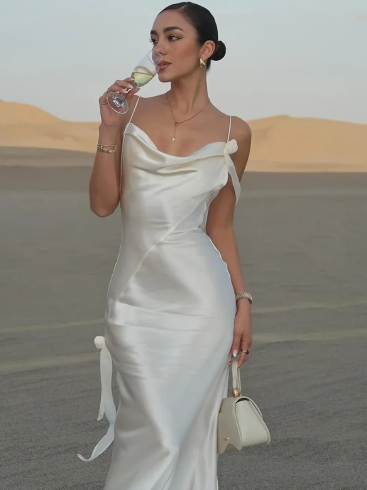Elegant 3d Flowers Backless Dress Women Bodycon Swing Collar Sleeveless White Sling Maxi Robe 2025 Summer Lady Evevning Vestidos - Image 2