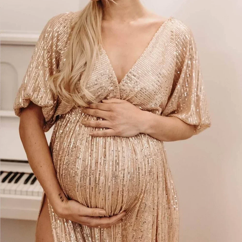 Elegant Sequin Maternity Photography Props Dress Boho V-neck Maternity Photo Shoot Dress Pregnant Woman Clothes For Photography