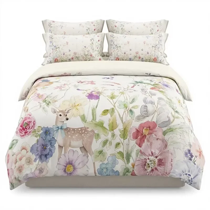 Digital Print Floral Deer Bedding Set 100% Cotton Bed Sheet Four Piece Comforter Cover Set for 1.5m 1.8m 2m Beds