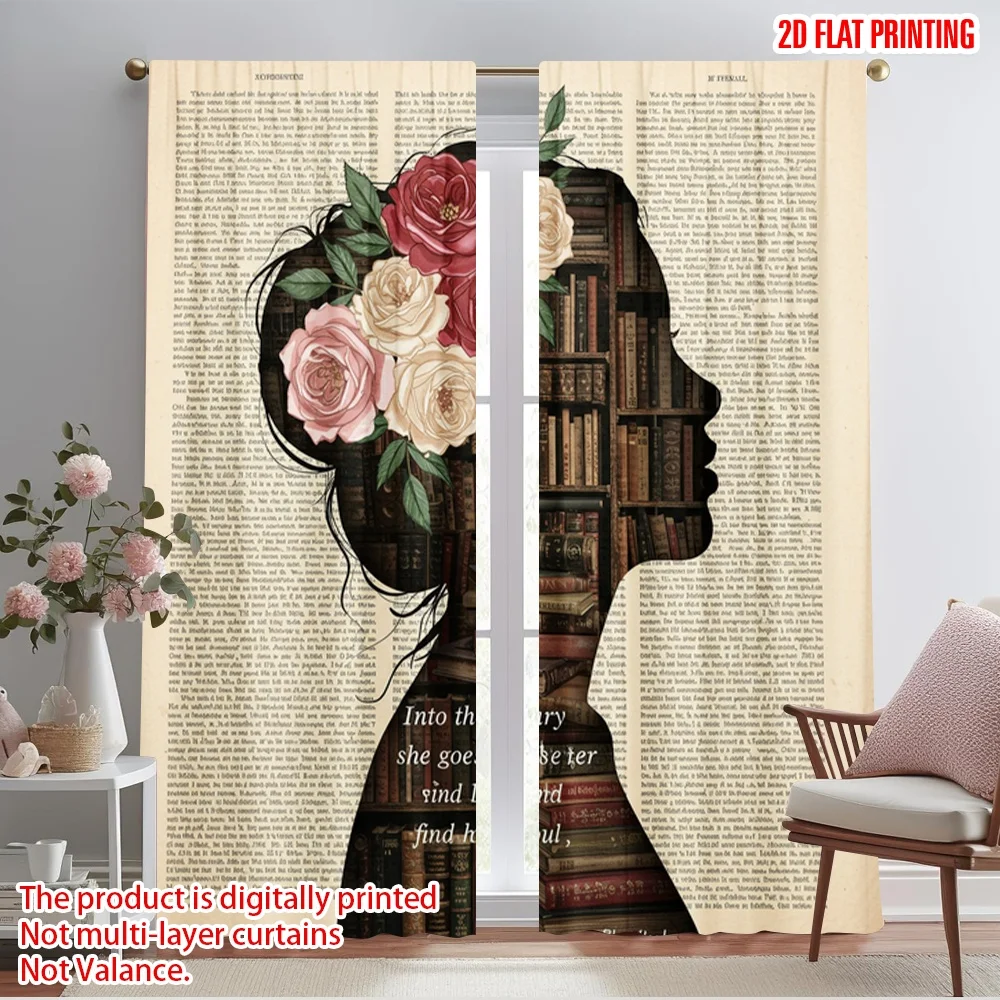 

2pcs 2D flat printing Curtain Vintage Book Woman Floral 100% Polyester Fabric Without Electricity Seasonal Party & Holiday Decor