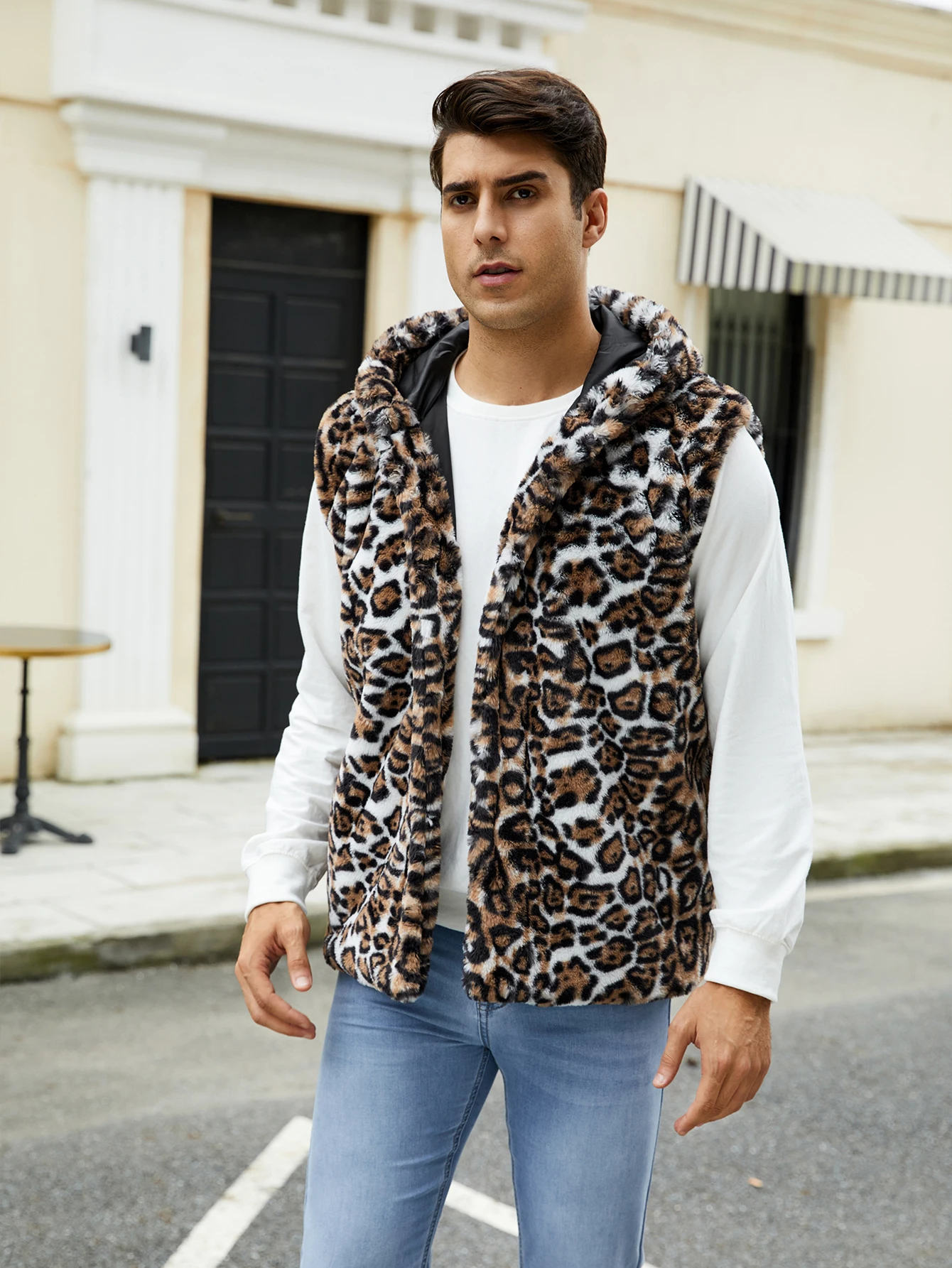 

Men's Fashion Winter Vest Man Outerwears Hooded Leopard Pattern Short Vest with Pockets S-2XL