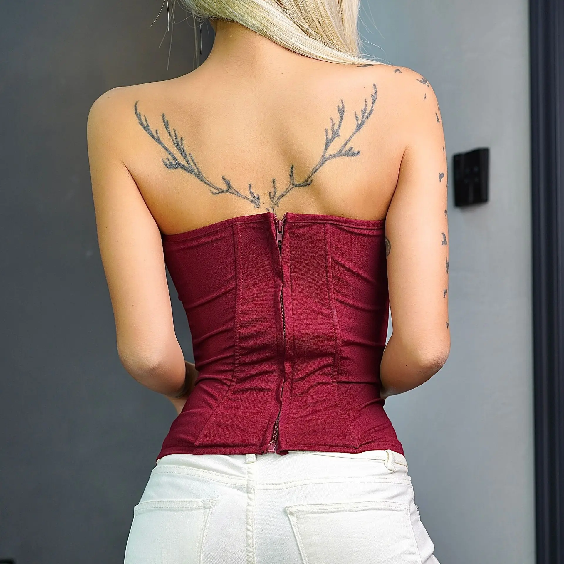 High Waist Bare Shoulder Corset Women Fashion Elegant Slim Sleeveless Corsets Tanks Camisole Sexy Boned Backless Zipper Crop Top