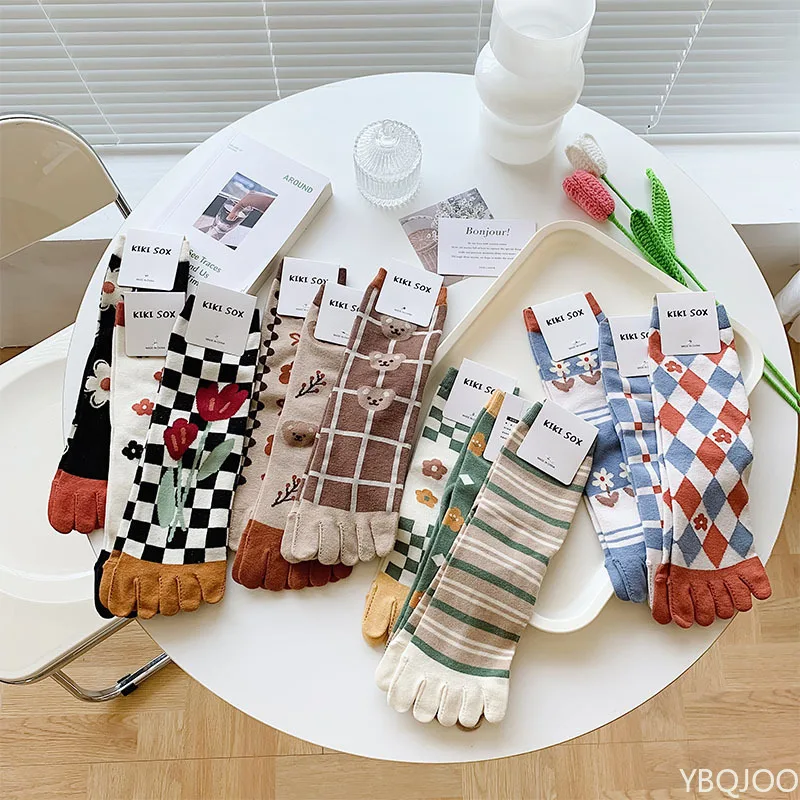 12 pairs Fashion Versatile Five Finger Middle Tube Socks Women's Spring  Autumn New  Cute Sweet Casual Split Toe Cotton Socks