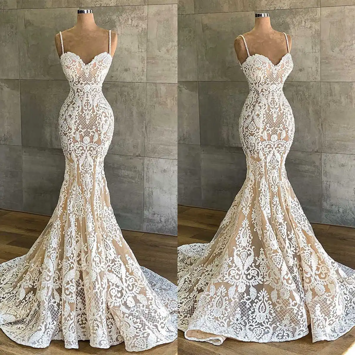 Elegant Mermaid Gown Wedding Dresses Flowers Pattern Lace Bridal Gowns Big Size Sleeveless Vestidos De Novia Custom Size Colour