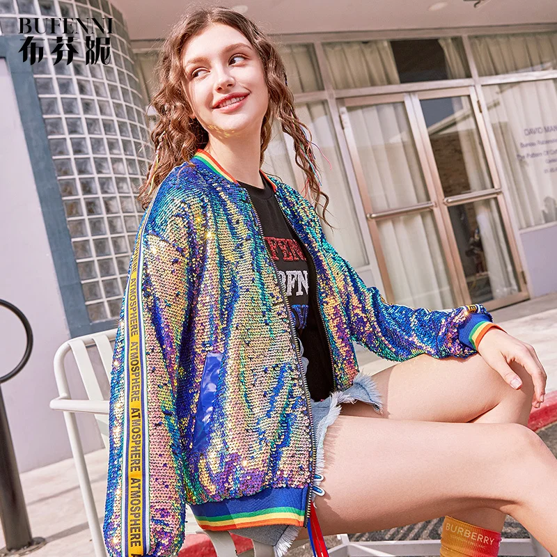 

Shiny Sequined Baseball Jacket Laser Luster Coat Cardigan Long Sleeve Pocket Colorful Jacket Cardigan Crop Tops