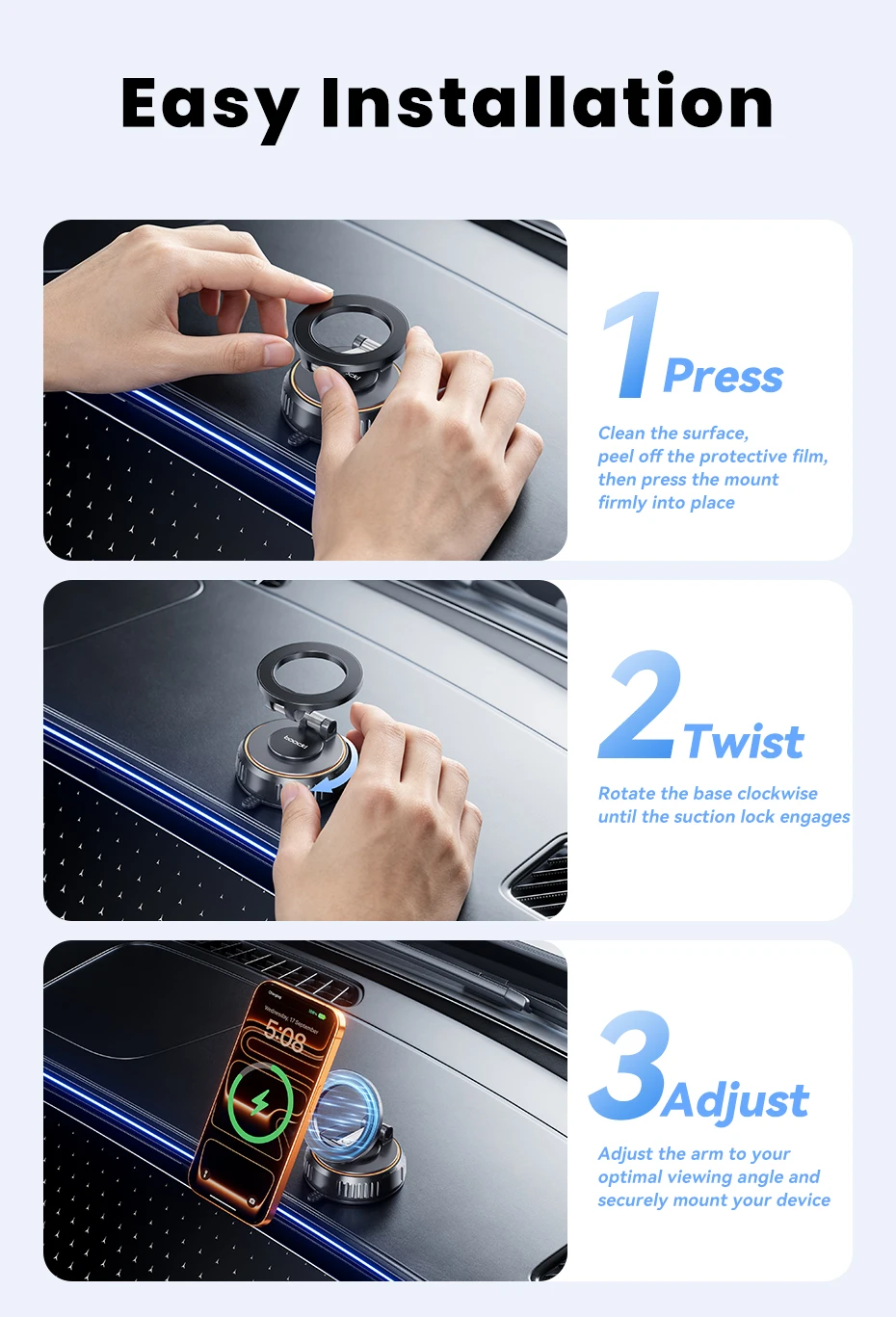 Toocki Vakuum-Magnetischer Auto-Handyhalter Saugnapf-Autohalterung 360° ° Verstellbarer, faltbarer Ständer für iPhone, Xiaomi, Huawei, Samsung – Detail 11