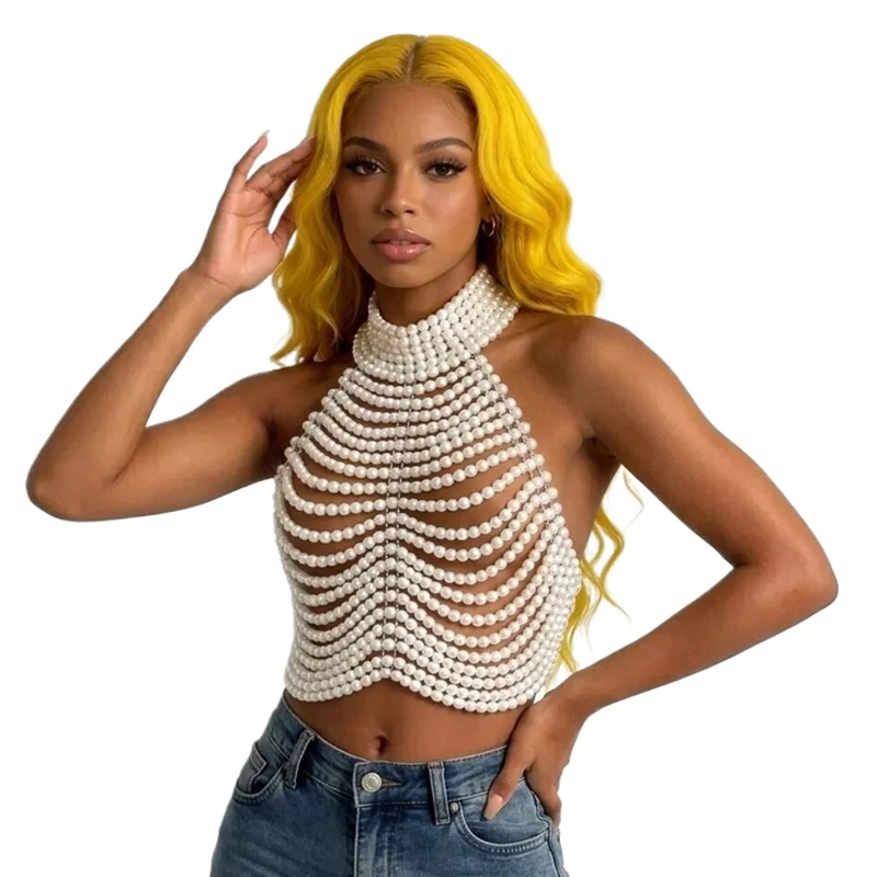 Handgefertigtes Perlen-Halter-Top für Damen - Rückenfreies Perlen-Crop-Top für Party, Hochzeit, Abendveranstaltungen, Festivals, Strand und Streetwear – Detail 3