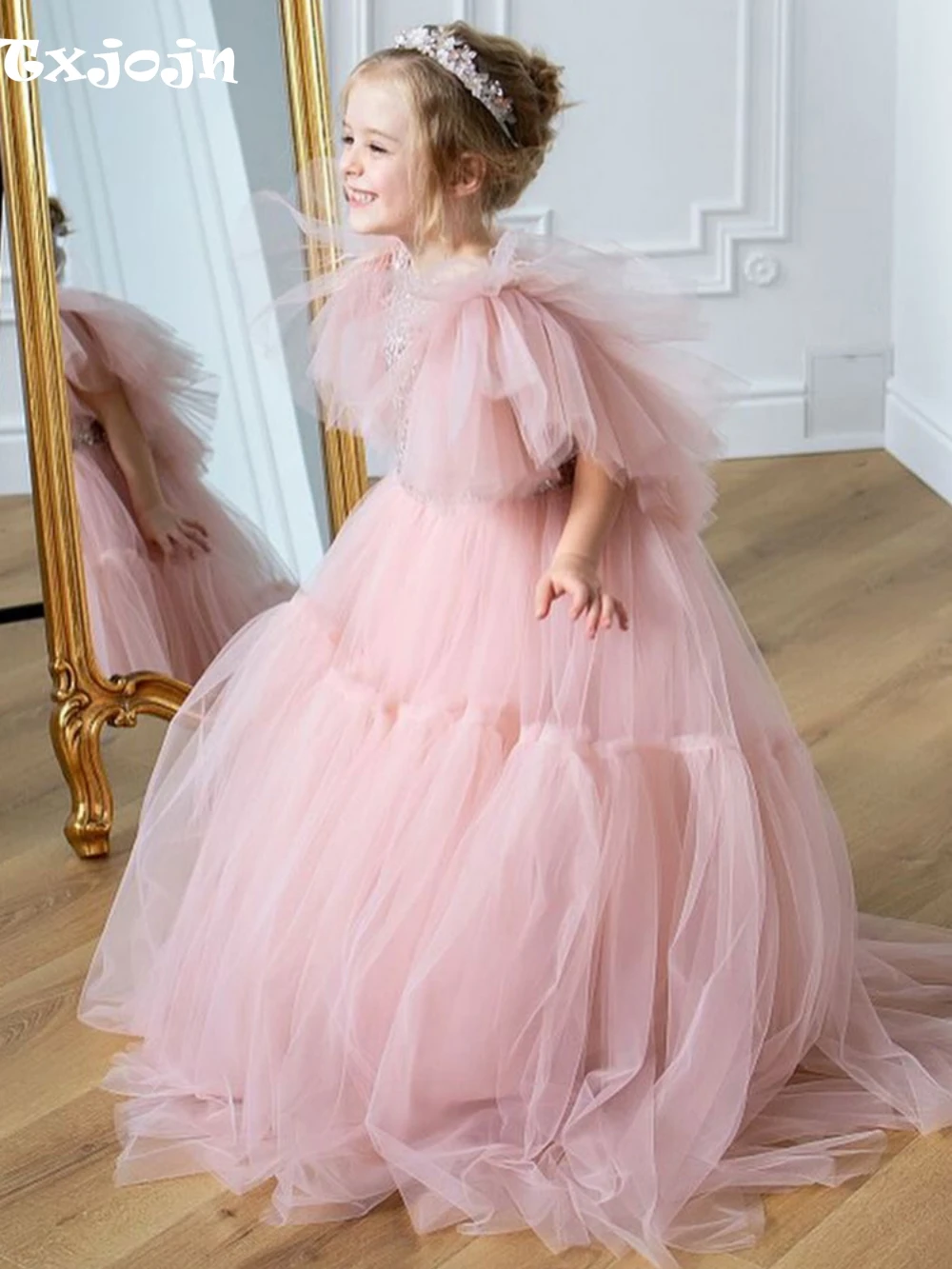 

Pink Puffy Tulle Girls Dresses For Birthday Party Elegant A-line Long Kids Princess Gown Customized Child Wedding Banquet Gowns