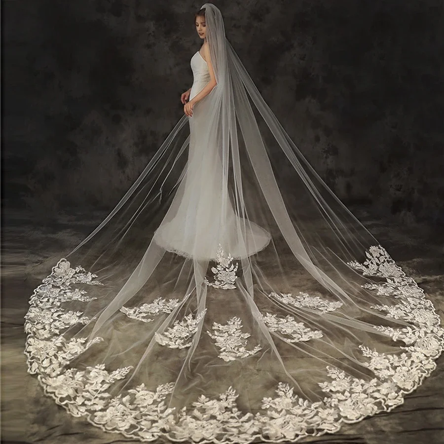 

New Arrival White Ivory Wedding Veils Lace Appliques Bride wedding accessories 3 Meter Long Bridal Veil Vestidos De Novia