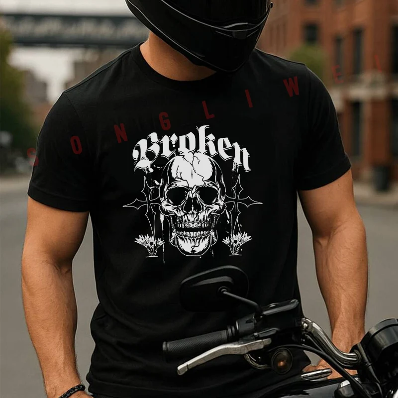 

Broken Skull Graphic Moto Summer Cotton T-shirt Short Sleeved Casual Fashion Basic TShirt