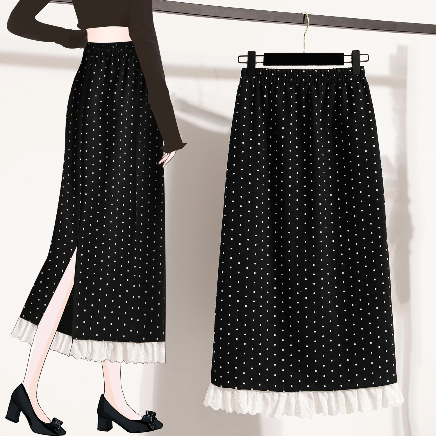 

Летняя новая корейская повседневная элегантная юбка с кружевными краями для женщин, облегающая длинная юбка трапециевидной формы с эластичной резинкой на талии, милая универсальная юбка в горошек