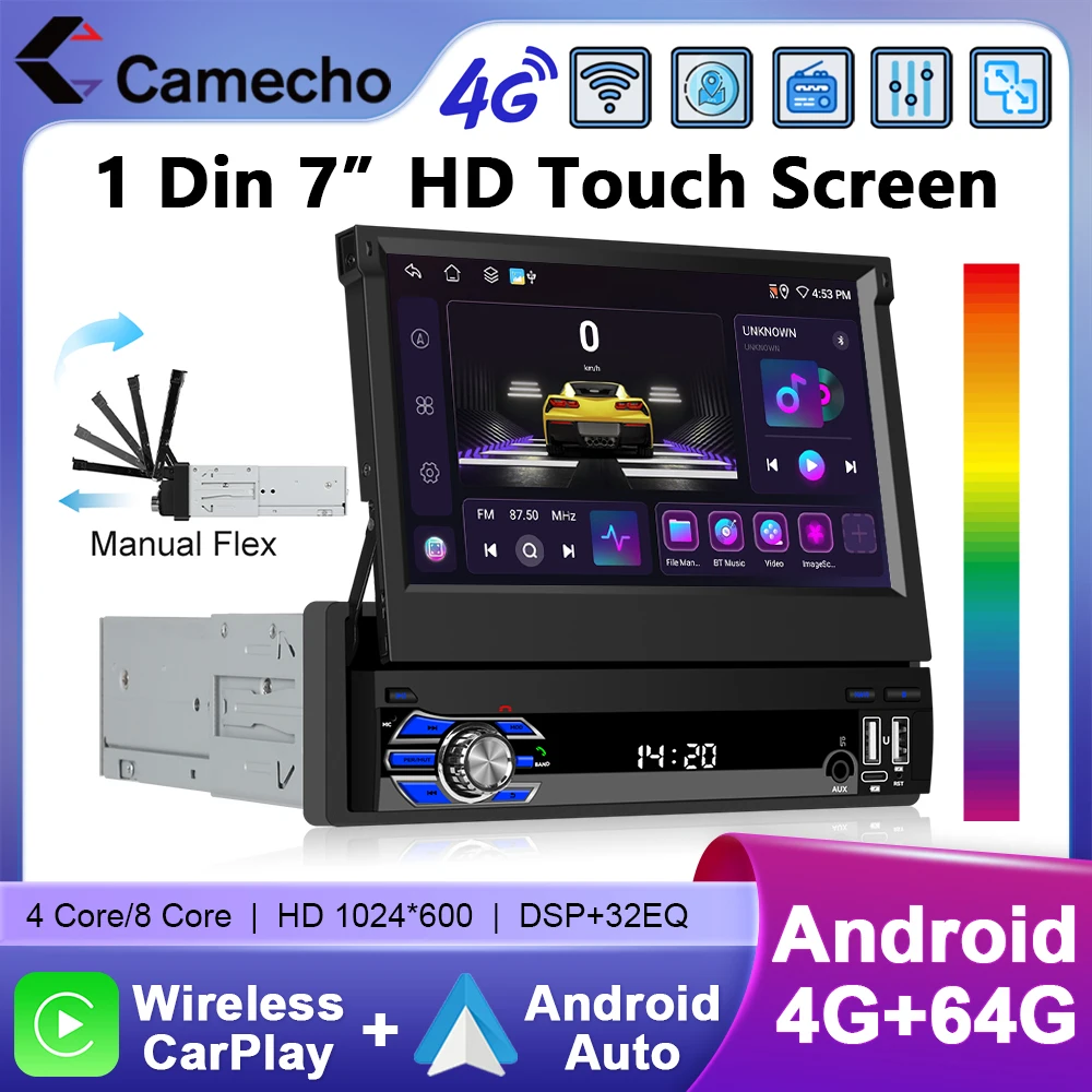 Camecho 4 + 64G 7 بوصة قابل للسحب IPS شاشة 1 Din راديو السيارة Carplay أندرويد السيارات نظام تحديد المواقع ستيريو 1Din مشغل فيديو الوسائط المتعددة واي فاي 4G