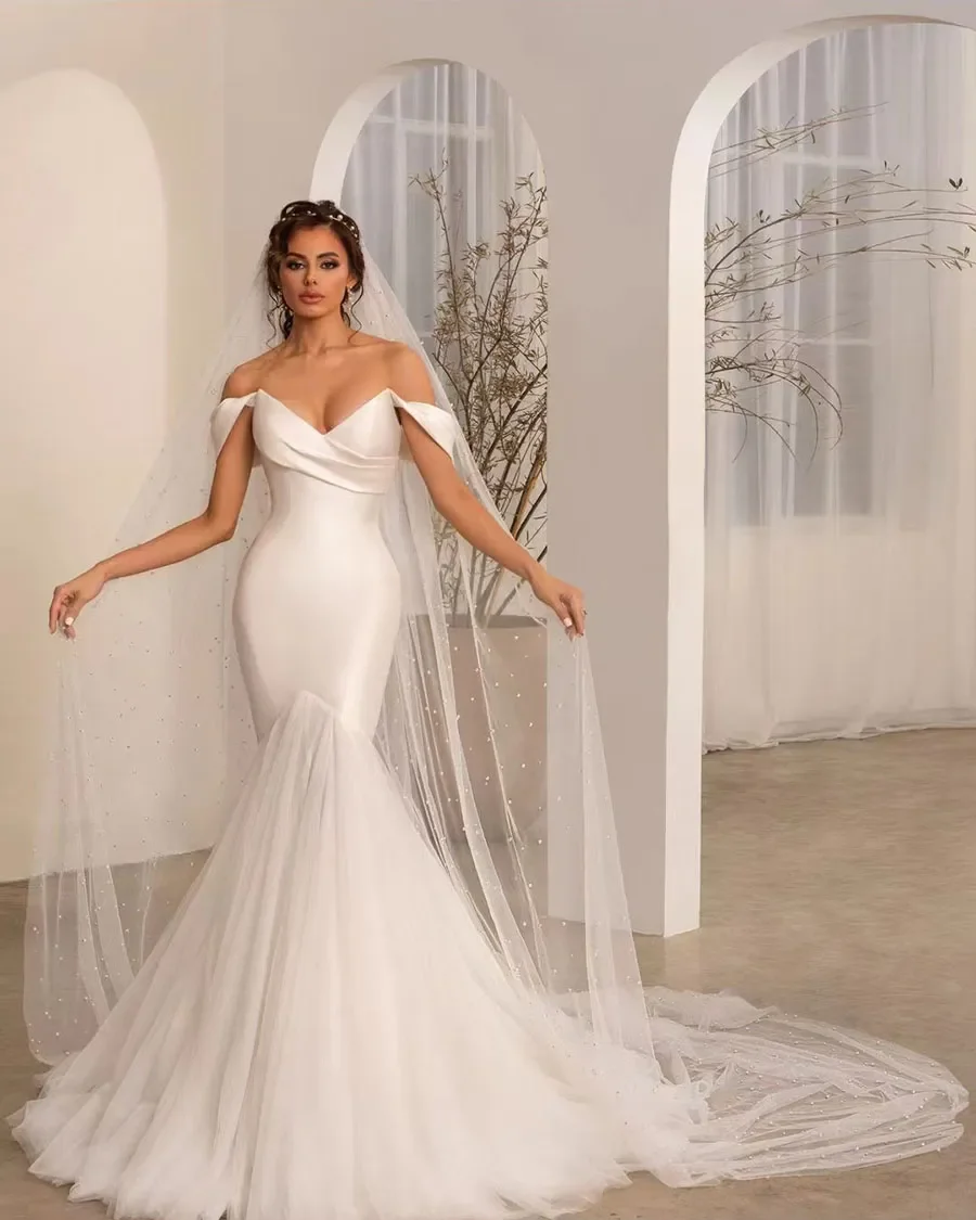 Mode weiße Brautkleider Satin sexy Meerjungfrau von der Schulter wischen Brautkleider sexy rücken freie ärmellose Vestidos de Novia