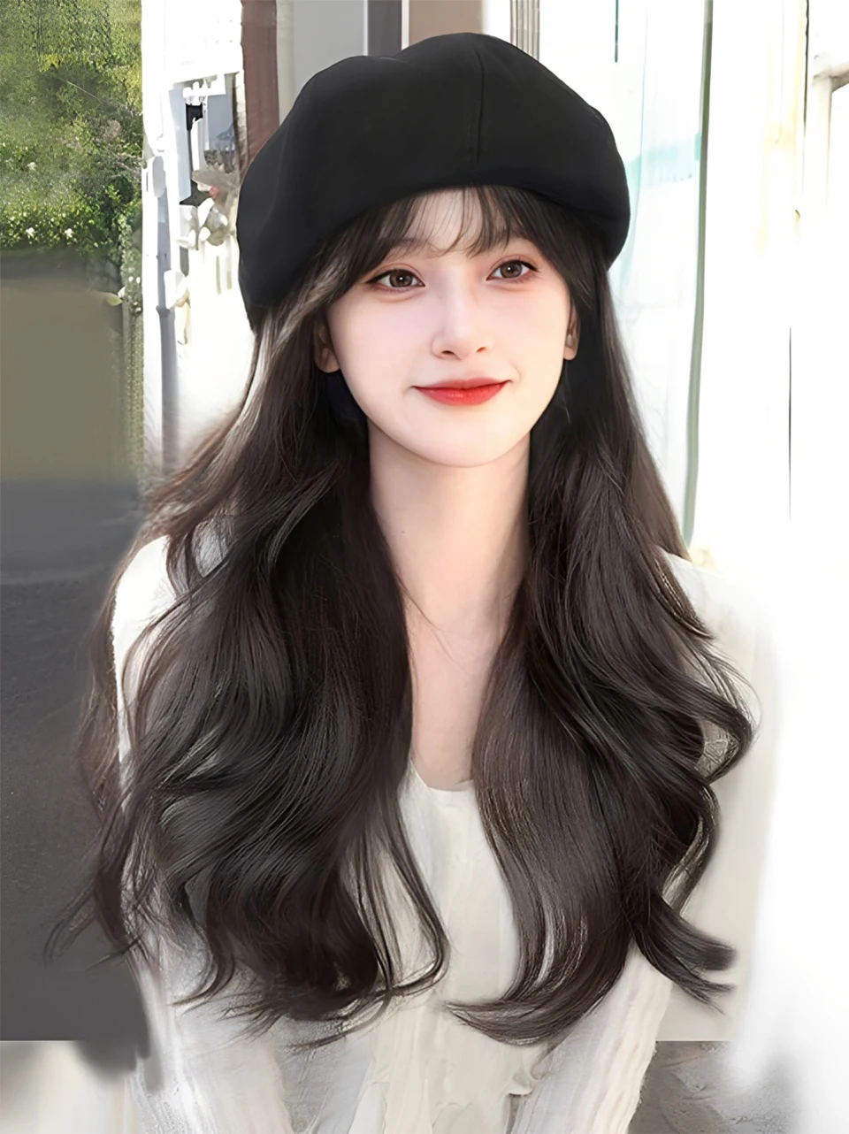 Long Hair Front Bangs Integrated Fashion Full Head Cover Curling Hair Wig OLACARE Wig Winter Small Women's Wig Beret Hat