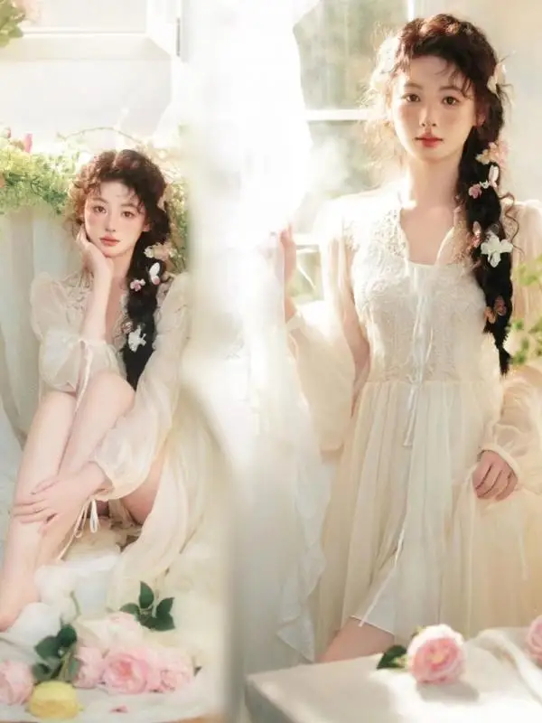 

Retro Photography Theme Artistic Pure Desire Lace Skirt Studio Photography Costume New Style Oil Painting Style Gown for Women