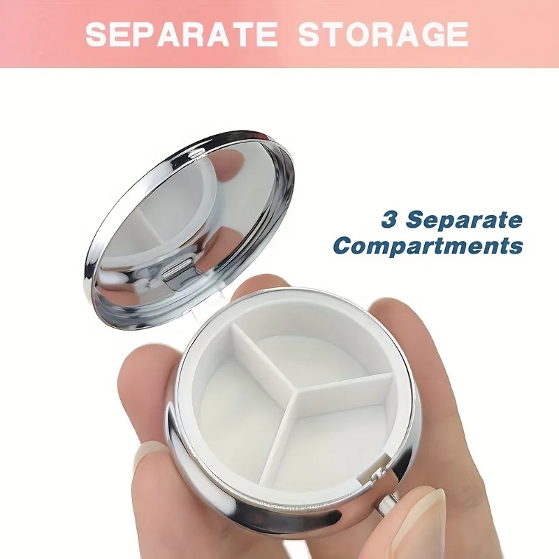Single-Piece, Flat, Gold-Colored, Metal Three-Compartment Box with Four-Leaf Clover and Floral Patterns, Portable Travel Vitamin Storage Box, Art Nouveau Style Small Box, Durable Storage Container, Unique Design Suitable for Both Men and Women
