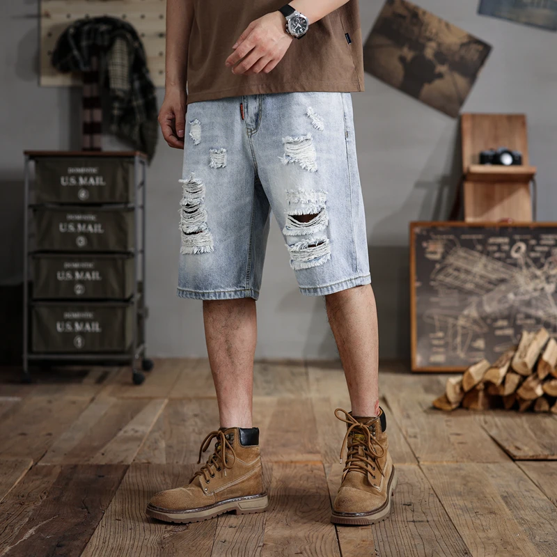 28-48Large Size Shorts Men's Ripped Summer Loose Trendy Retro Street Fashion and Handsome Casual Oversize Cropped Pants