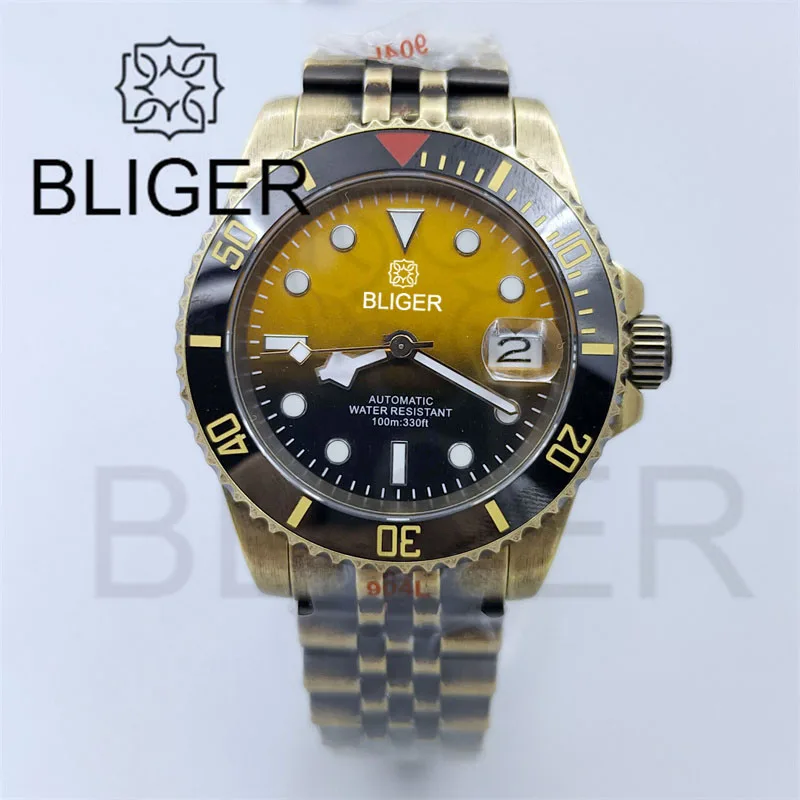 BLIGER 40mm Bronze Dive Watch For Man NH35 Automatic Movement Sapphire Glass Gradient Dial Snow Flake Hands Jubilee Bracelet