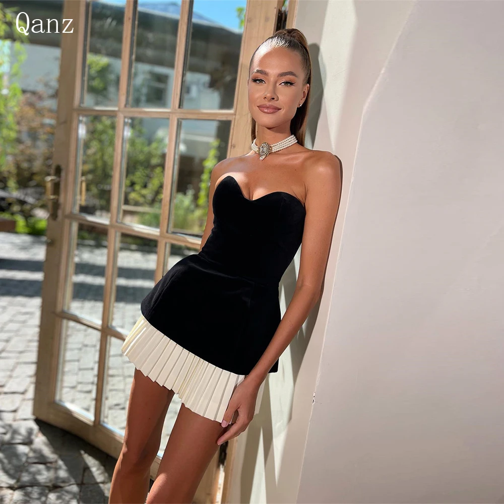 Qanz Modern Short Homecoming Dresses Cocktail Dresses Sweetheart Velour Vestidos Para Eventos Especiales Pleat Vestidos De Festa