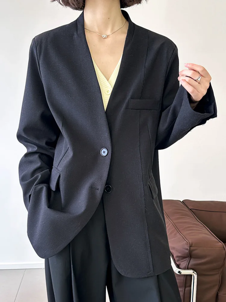 ZMEENNA Blazer léger à col en v pour femme ouvert sur le devant décontracté couleur unie mélange de lin vêtements d'extérieur avec poches pour l'automne ZM3801