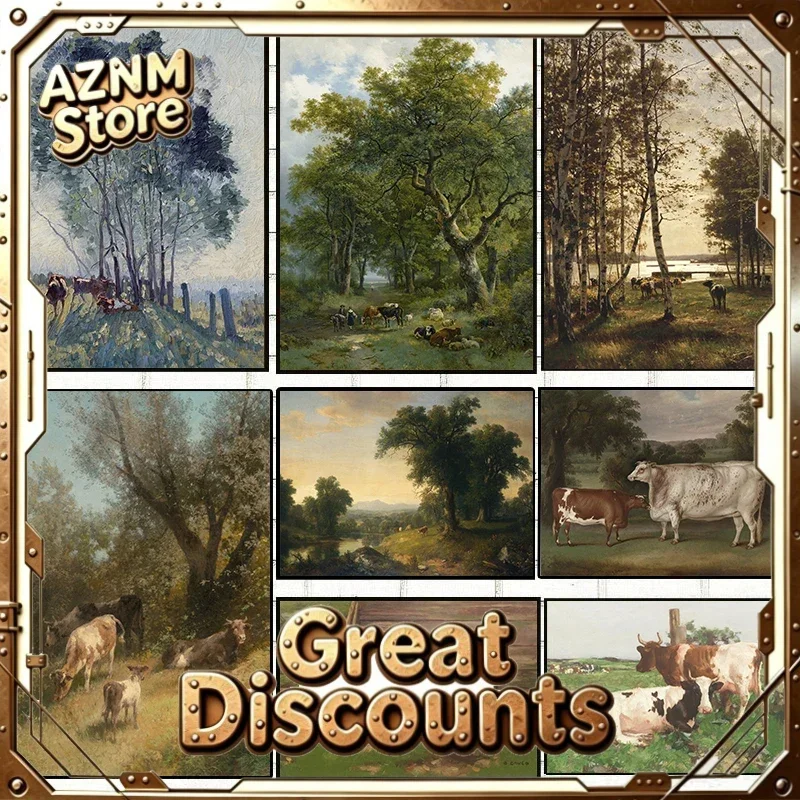 Vintage Rural Antique Animals Poster Cows in The Forest and Pasture Canvas Painting Farmhouse Wall Art Picture Office Home De
