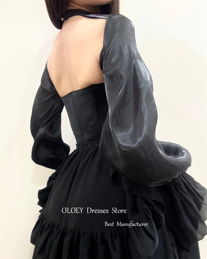 OLOEY Black Evening Dresses With Jacket Long Sleeves Lace Taffeta Ruffles Party Dress Girls Formal Occasion Gowns Robe de soiree