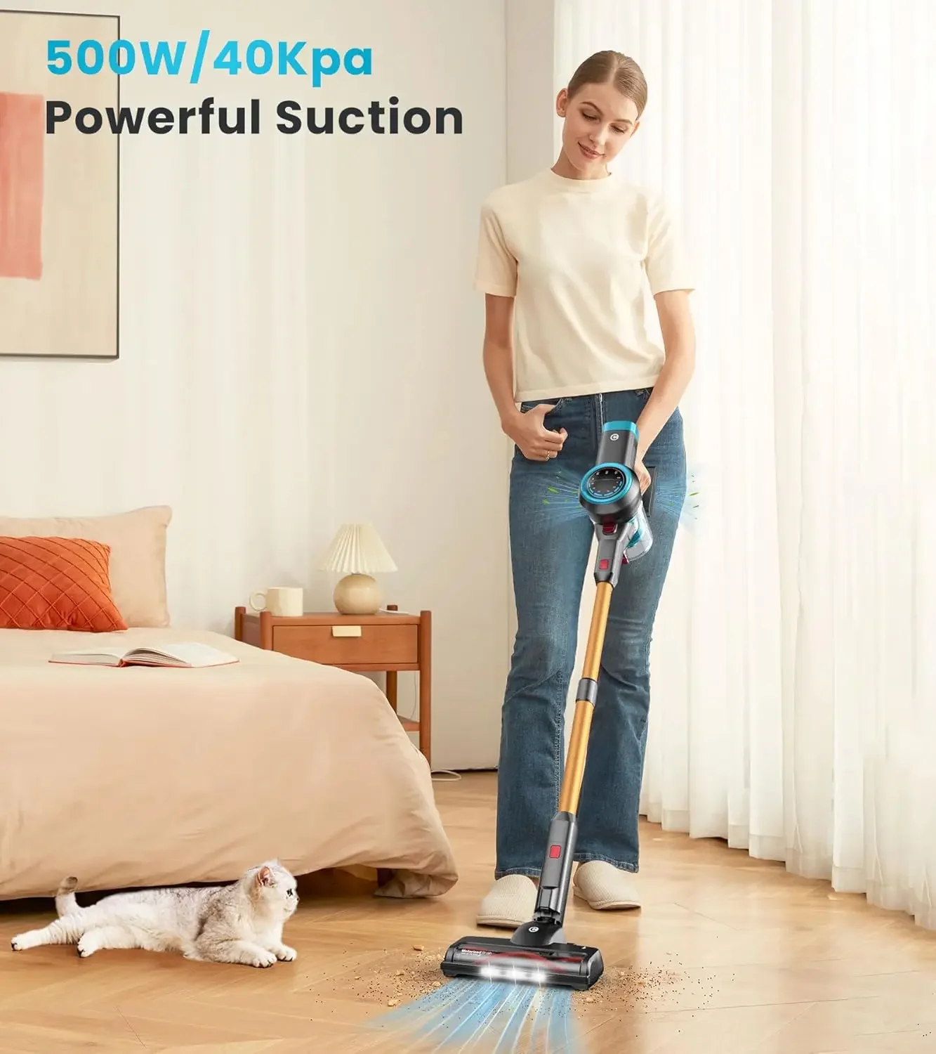 Vacuum Cleaner, 500W/40Kpa Vacuum Cleaners for Home with Self-Standing, Vacuum with LED Display, Anti-tangled Stick Vac