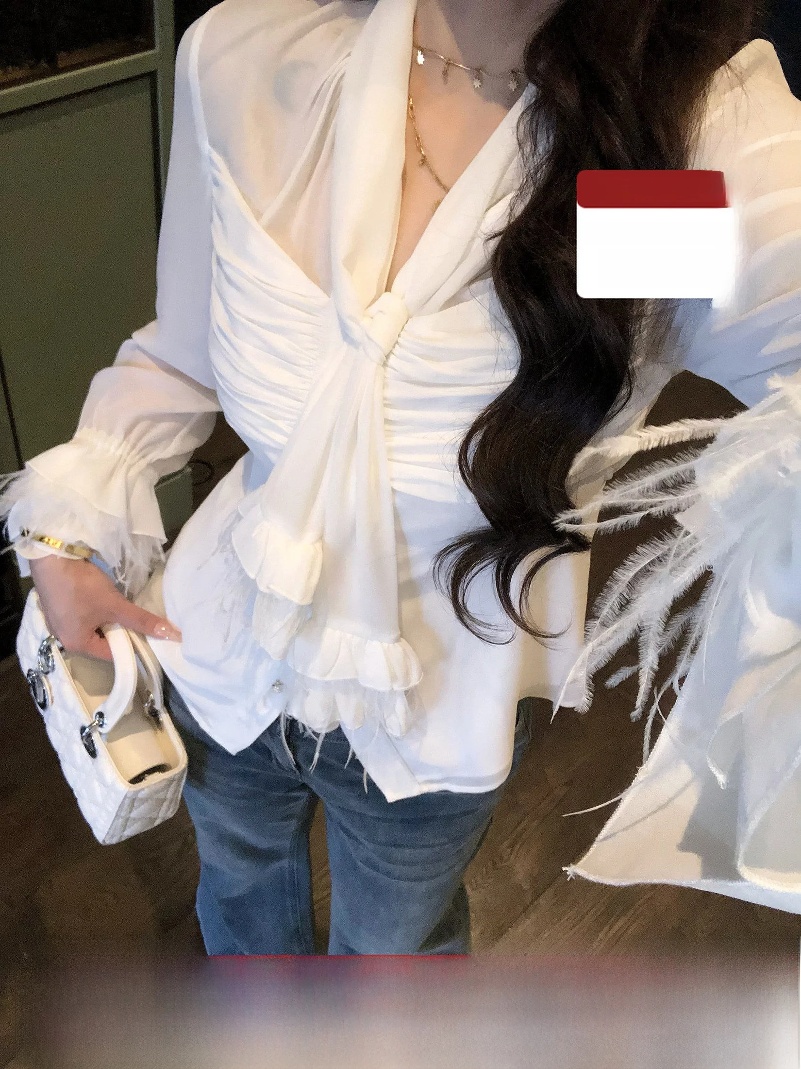 

Elegant White Feather Sleeve Shirt for Women Spring Casual Loose Fit Chiffon Blouse Knot plus Size Fashion Top