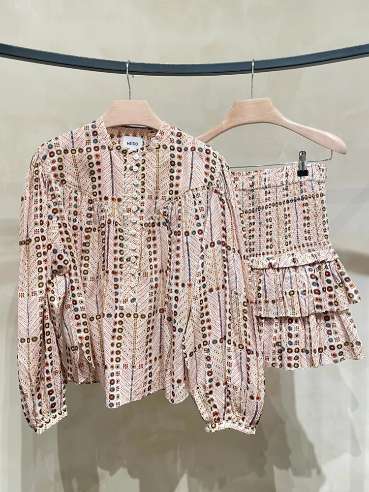 

Loose Shirt Elastic Waist Half Skirt Set Vintage Pattern Print Spring Summer Fashion Women's Two-Piece Cotton Long Sleeve But...