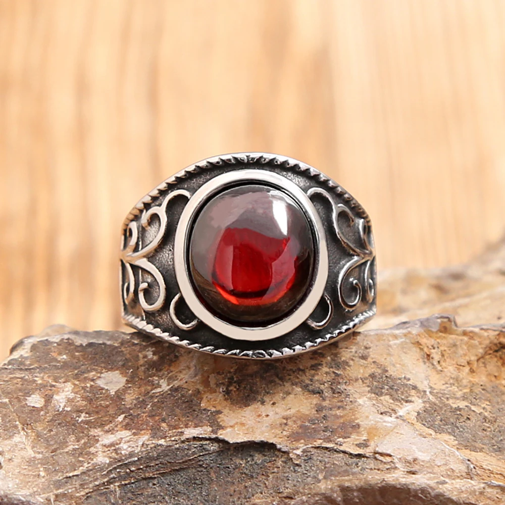 New Punk Stainless Steel Engraved Flowers Rings Fashion Biker Red Natural Stone Ring For Men Women Amulet Jewelry Gift Wholesale