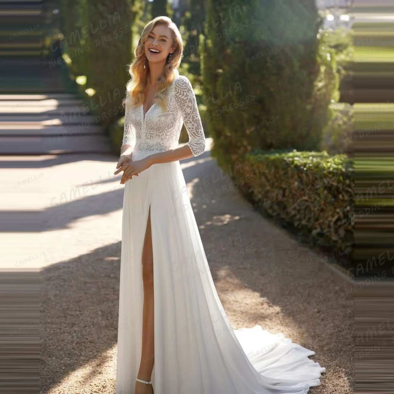 Abiti da sposa in chiffon di lusso Abiti da sposa a maniche lunghe con applicazioni di linea A da donna Vestido De Novia sexy senza schienale diviso personalizzato