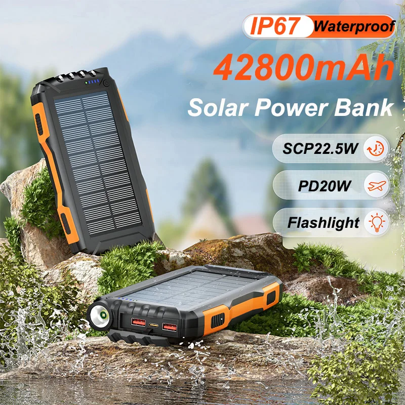 

Solar Power Bank 42800 Waterproof Portable 22.5W Fast Charger Powerbank for iPhone Samsung Huawei Xiaomi External Spare Battery
