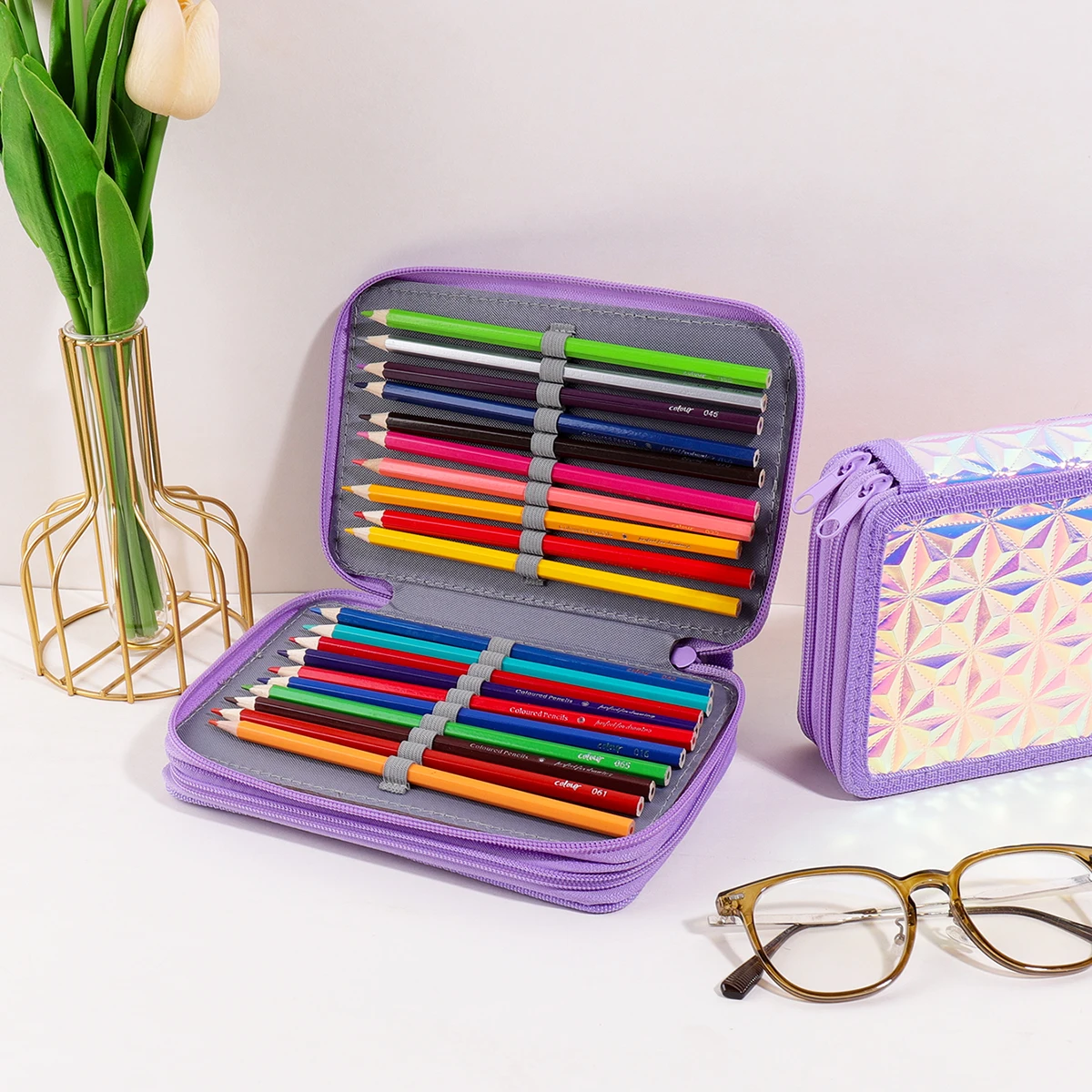 

Y2K Pencil Case, Purple Holographic Diamond 2-Layer 32 Slots Large Capacity Portable Colored Pencil Organizer Gift for Girls