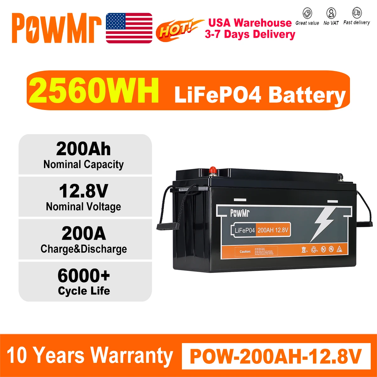 Batería PowMr LiFePO4 de 200AH 12V 2.5KWH con BMS, Paquete de Baterías de Litio Recargables para Camping y Coche, Más de 6000 Ciclos, Batería Solar, Dropship
