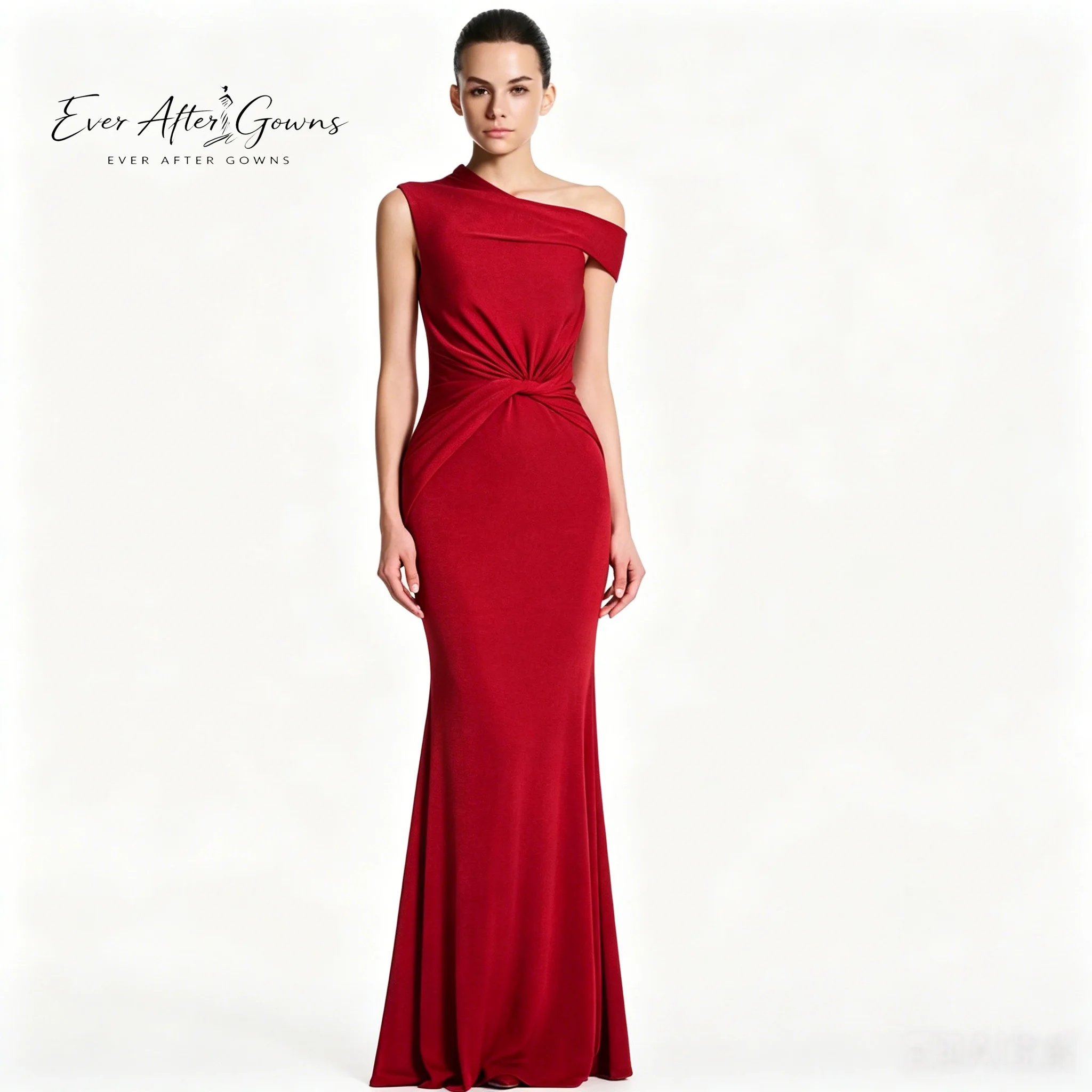

Ever After Gowns Red Asymmetrical Off Shoulder Mermaid Dress Waist Twist Knot Formal Wedding Guest Evening Maxi Gown