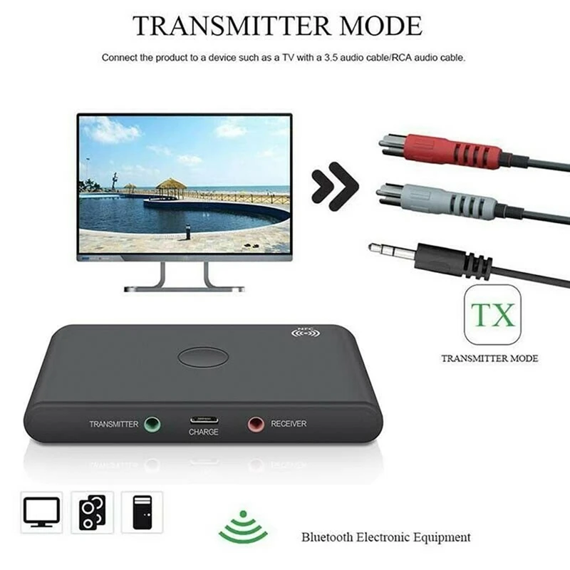 RISE-TX6 Bluetooth BT 5.0 Audio 3.5Mm Transmitter Receiver Adapter 2 In 1 Support NFC Handsfree Headphone Reciever