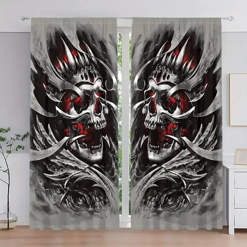 

2 pieces - Metal red skull pattern printed curtains, window decorations, home decorations, room decorations