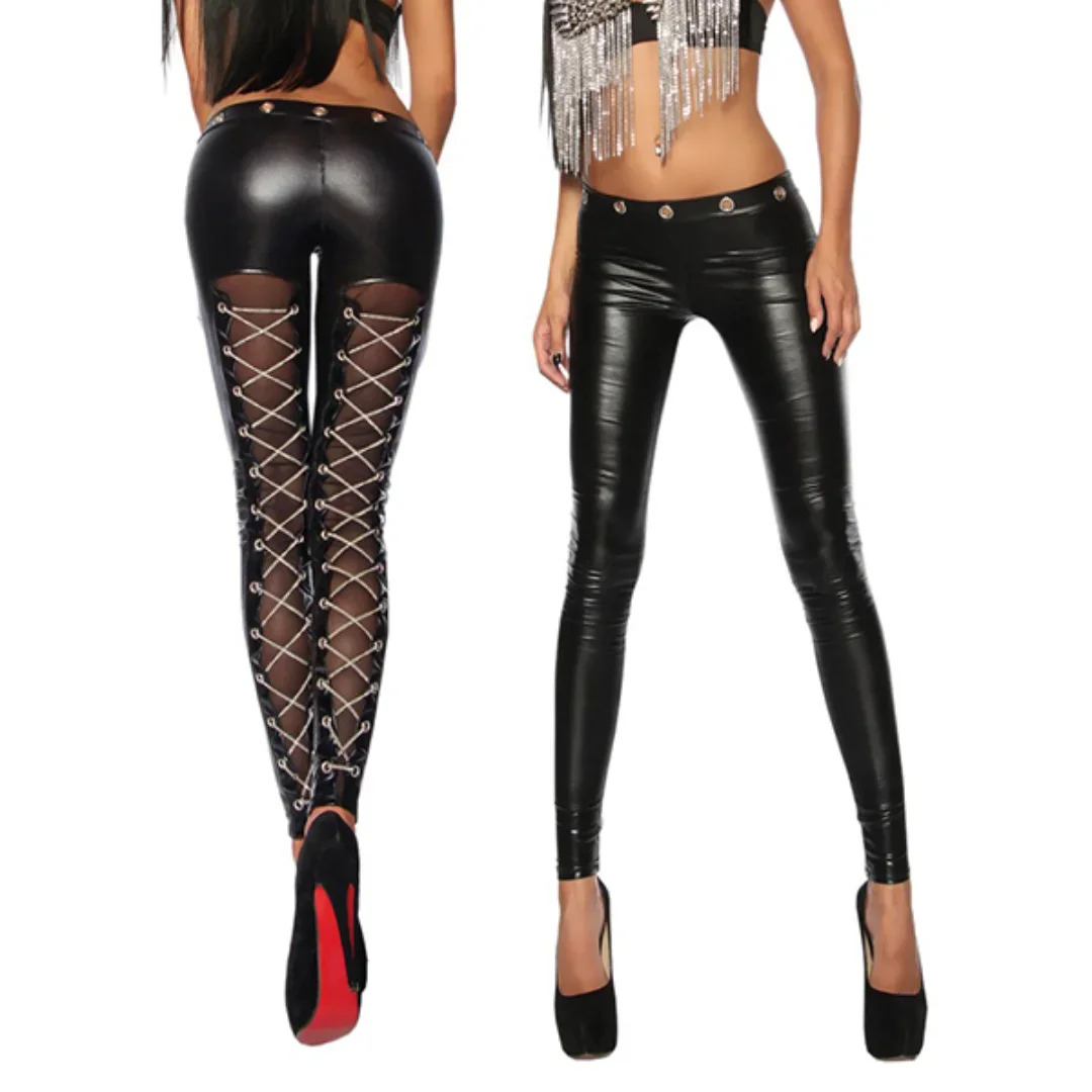 

Wetlook Leggings with Net and Chains Women's Wetlook Leggings Lace Back Low Waist Trousers Sexy Clubwear