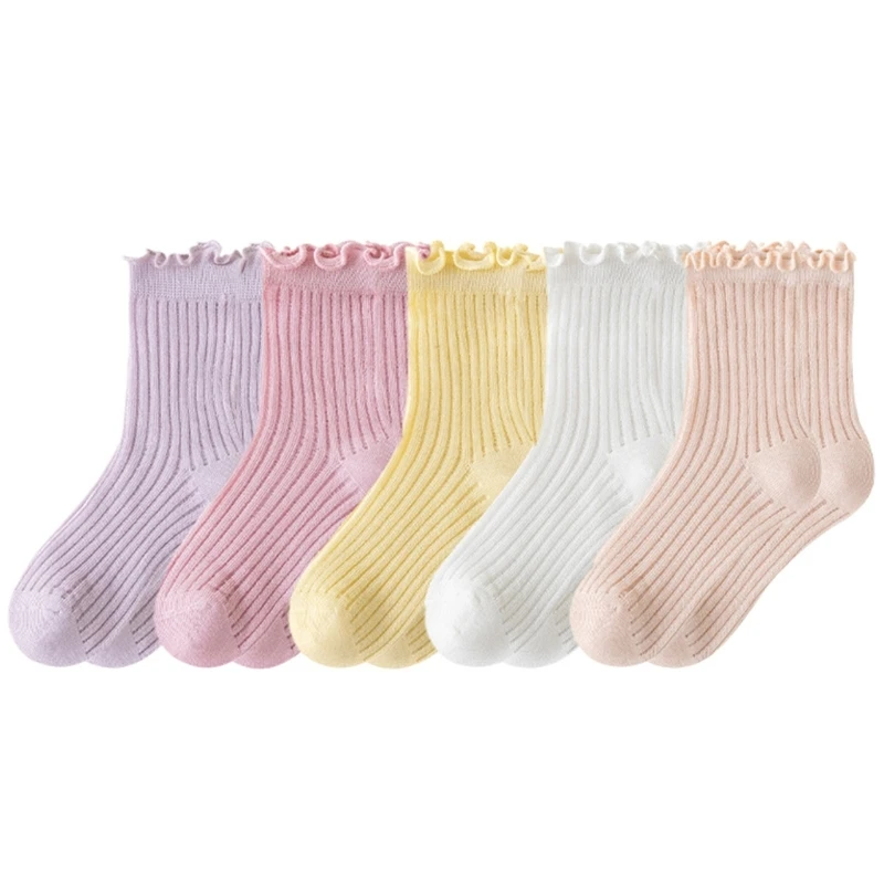 

5 Pair Fashionable Socks with Stringy Selvedge for Girls, Trend Under Knee Length Socks Solid Piled Up Socks