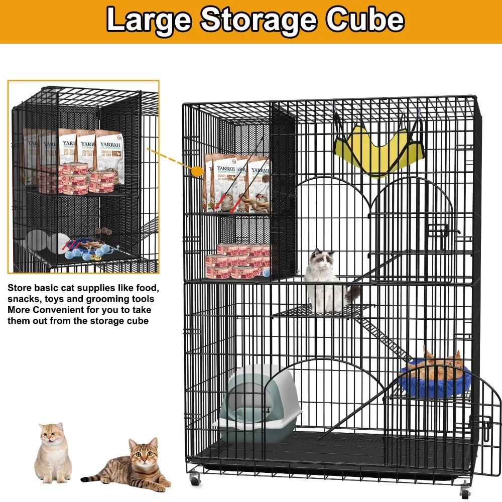 Extra Large Collapsible Cat Cage Indoor with Storage Cube, 4-Tier Cat Crate Black Metal Cat Enclosure with 360°