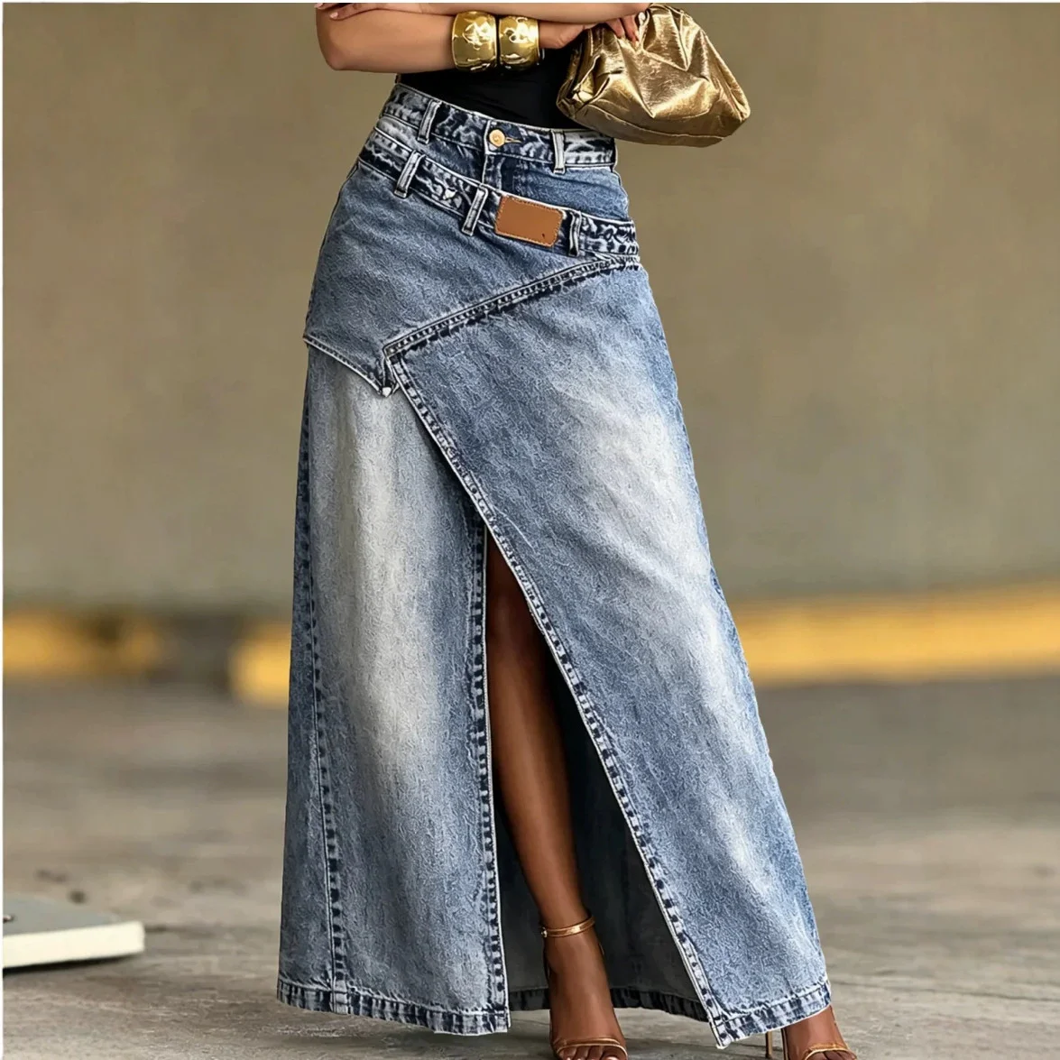 2026 Hot Women High Waist Washed Denim Maxi Skirt Arrival Unique Split Hem Patch Panel Design All-match Fashion Long Half Skirt
