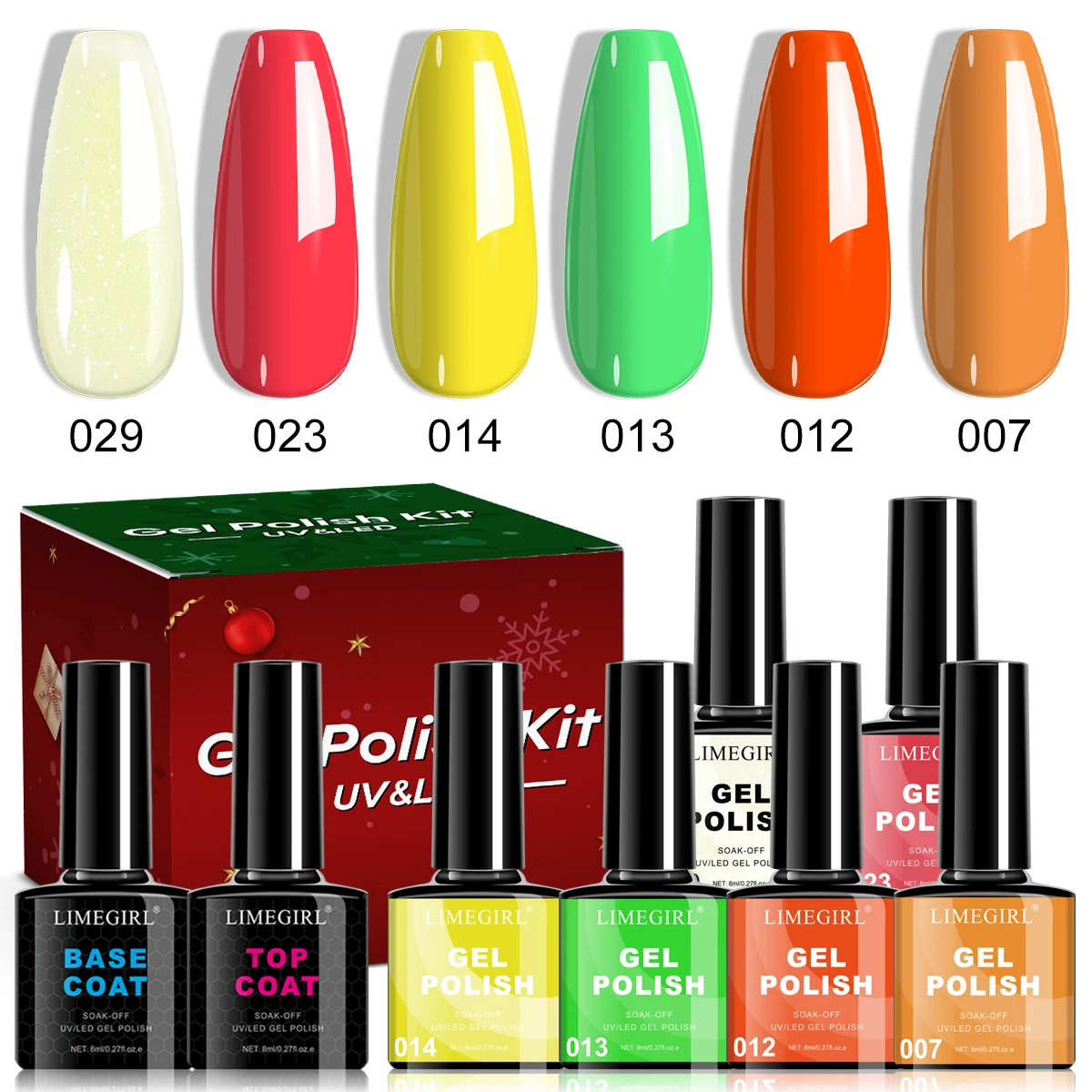 

LIMEGIRL, 8 шт., набор рождественских гелевых лаков для ногтей с коробкой для Хэллоуина, полупостоянная основа для замачивания лака и набор гелей для ногтей с верхним покрытием