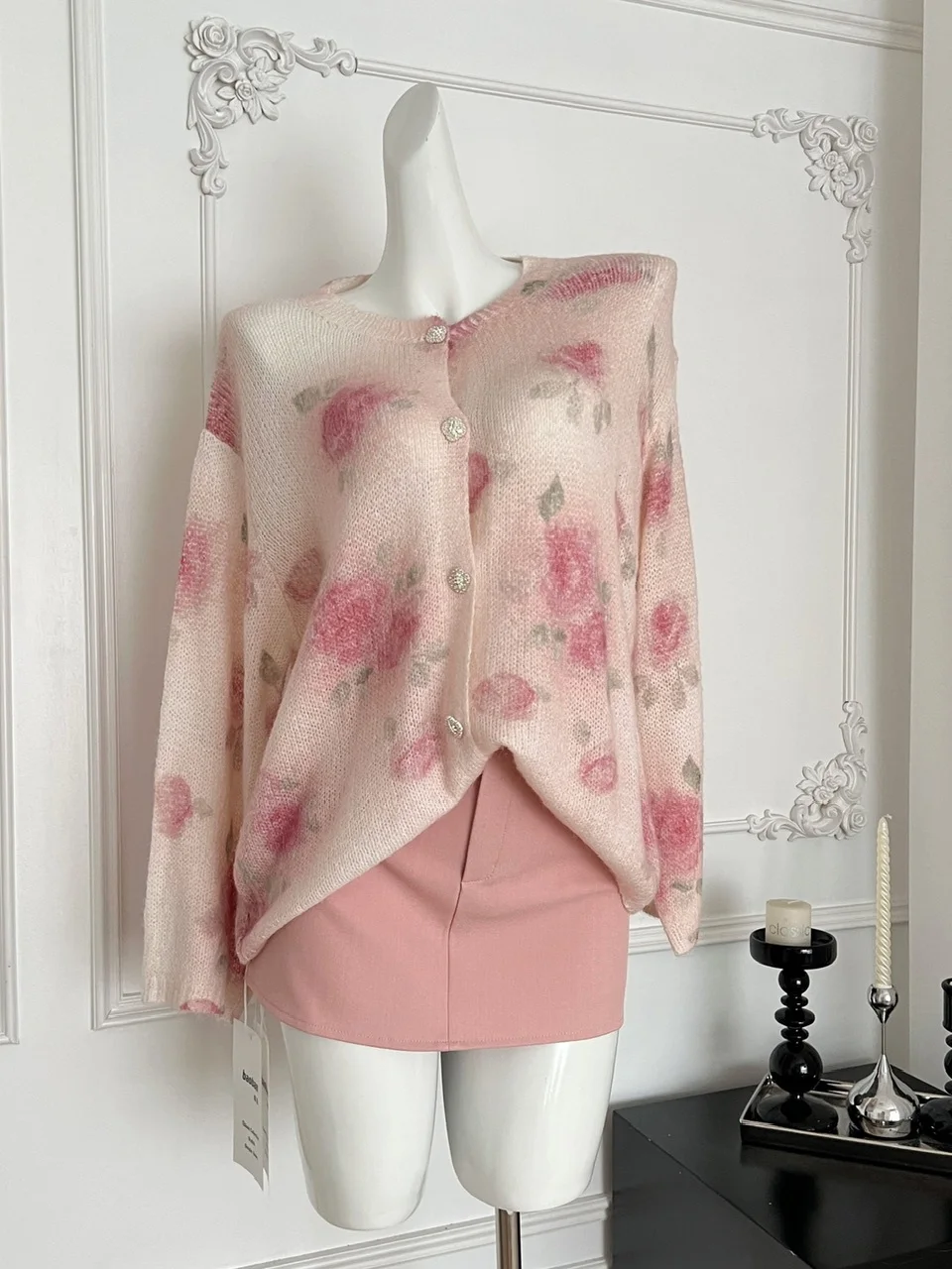 

Romantic Rose Flower Knitted Open Cardigan Women's Early Autumn Lazy Sle round Ne Faionable Sweater Loose Fit Casual Wear