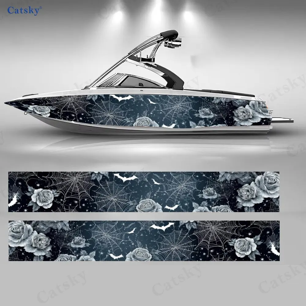 

2Pcs Dark Floral & Bat Boat Stickers, PVC Waterproof Durable Vinyl Wrap Decals for Fishing Boats, Durable and Stylish Design