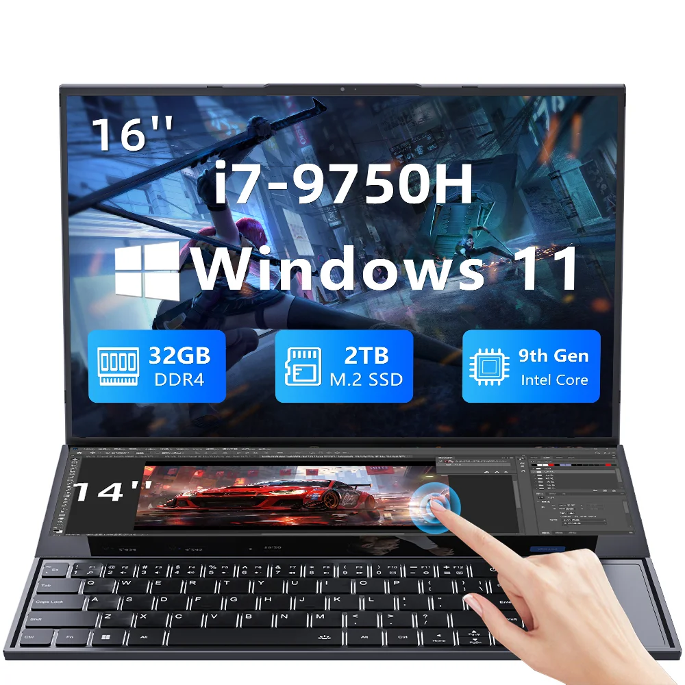 BEEX Laptop Portátil de 16 Polegadas com Tela Dupla, Processador i7-9750, Tela Sensível ao Toque HD, 100% sRGB para Trabalho, Design e Jogos