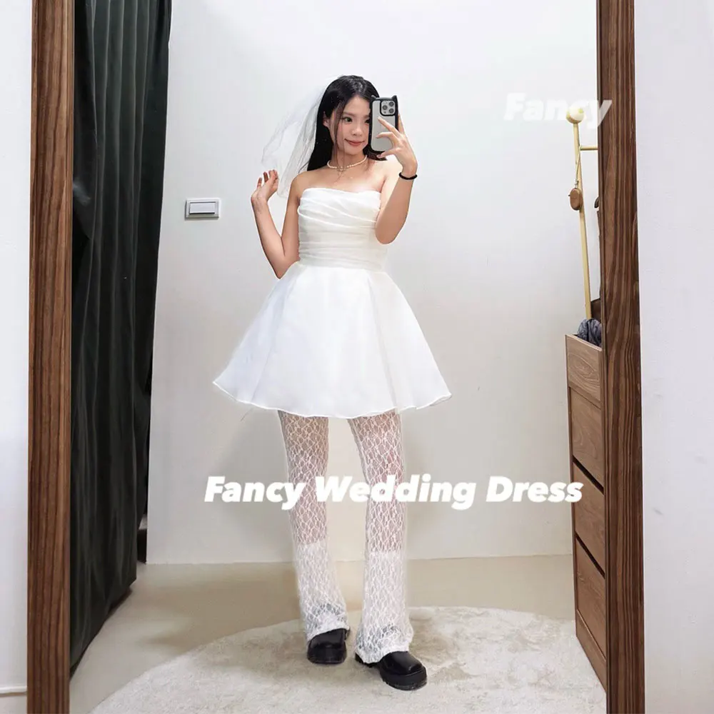 

Fancy Simple Organza Korea Wedding Dress Photo Shoot A Line Sleeveless Bridal Gown Mini Short Pleats Birthday Dresses Customized