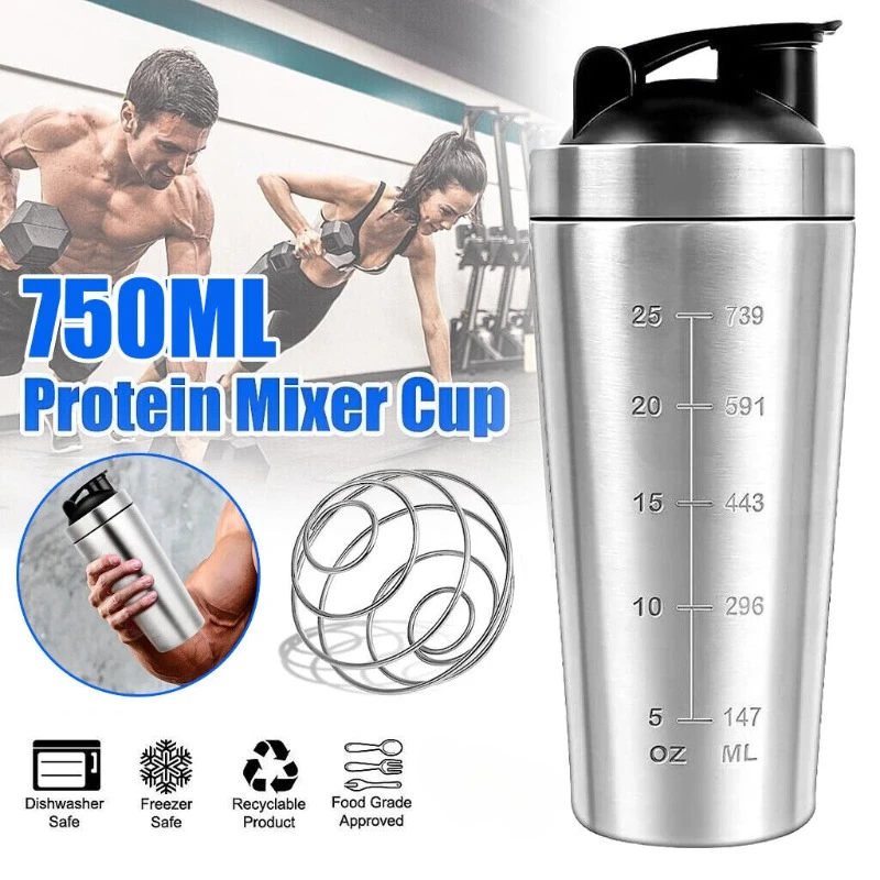 

500/750ml Stainless Steel Protein Shaker Bottle Leak Proof Water Bottle Portable Outdoor Fitness Sports Milkshake Mug with Scale